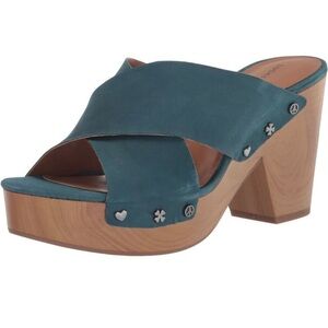 Lucky Brand Takara teal leather mule clog with peace sign, heart, clover detail